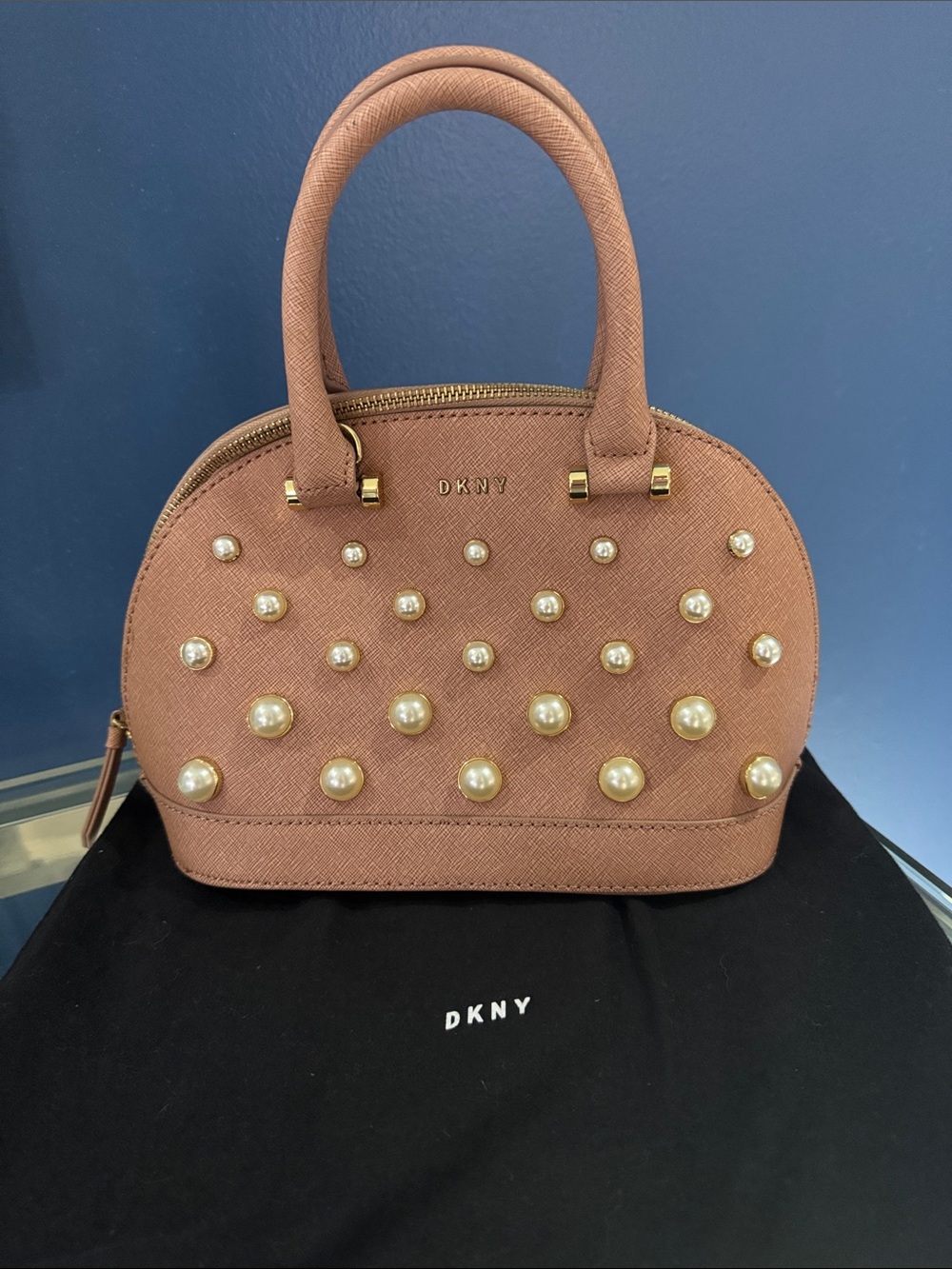 DKNY Pearl-Embellished Satchel in Dusty Rose